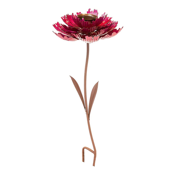 Pink Parfait Peony Bird Feeder: Metallic flower design with a candle holder, featuring a durable, all-metal construction for bird seed.