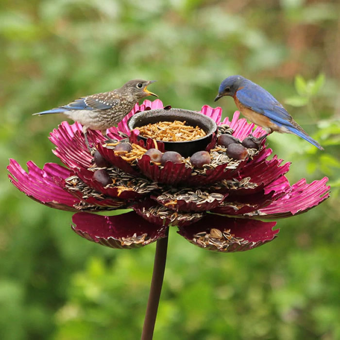 Pink Parfait Peony Bird Feeder with two birds perched on pink metallic petals, featuring a durable, all-metal design and a removable center bowl.