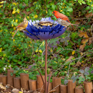 Purple Spider Peony Bird Feeder with birds on a metallic flower design, featuring removable center bowl for seeds and sturdy foot stake for stability.