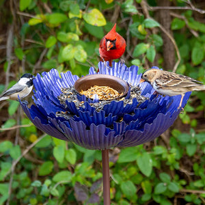 Purple Spider Peony Bird Feeder with birds perched, showcasing a durable, metallic purple design and a center cup for bird seed.