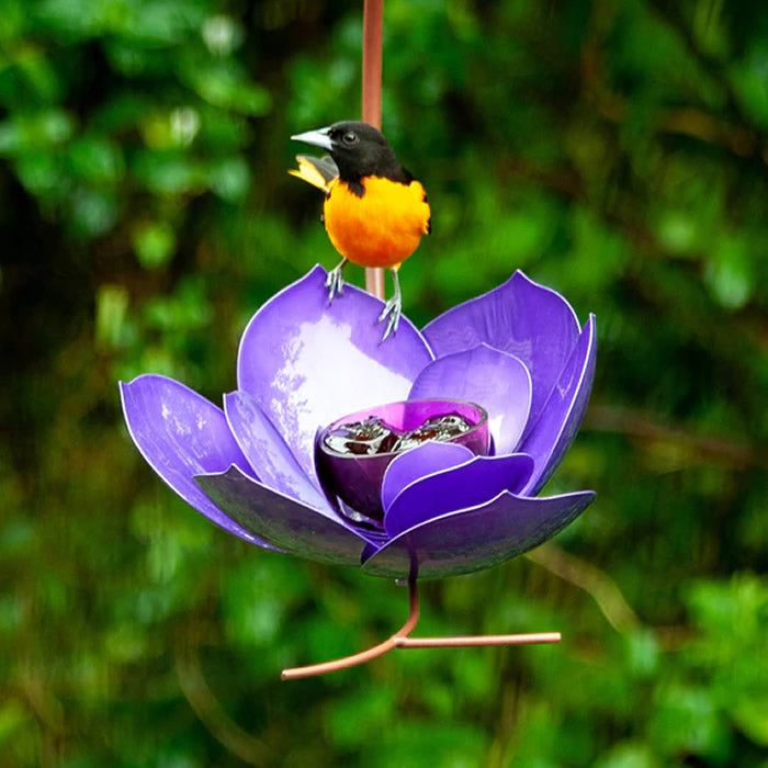 Purple Prince Magnolia Bird Feeder featuring a bird perched on purple flower-shaped petals, designed for filling with jelly to attract orioles.