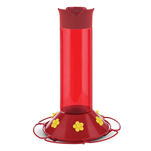 Hummer's Favorite Hummingbird Feeder with 6 yellow flower ports, ant moat, translucent red reservoir, and wide mouth opening for easy cleaning.