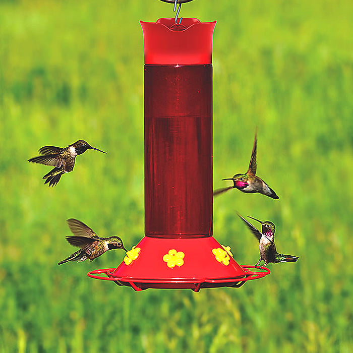 Hummer's Favorite Hummingbird Feeder with multiple hummingbirds feeding at six stations, featuring an ant moat and wide mouth for easy cleaning.