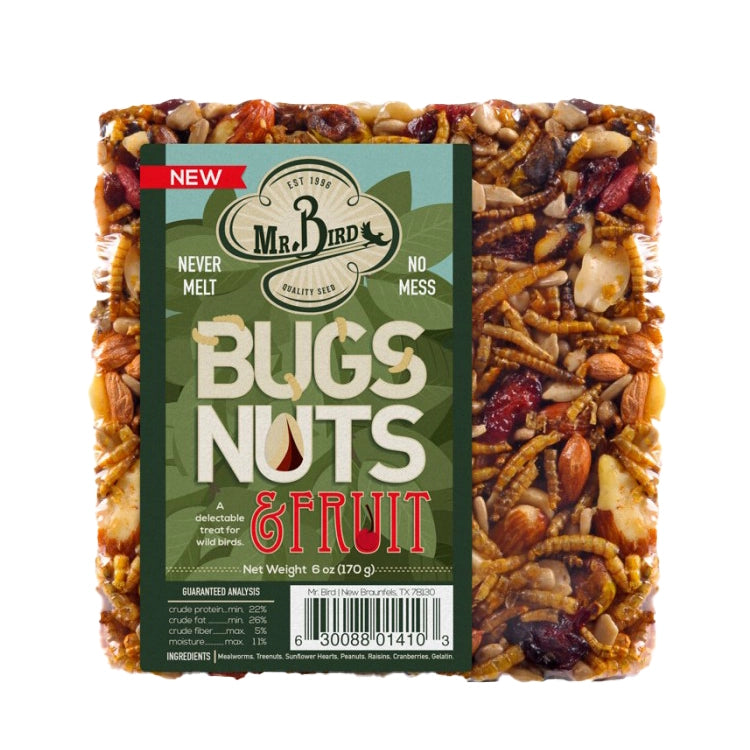 Bugs, Nuts, & Fruit Block Small, Set of 3: Square food box featuring a suet-sized snack cake for attracting diverse backyard birds, including cranberries and mealworms.