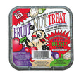 Plastic container labeled Fruit n' Nut Treat Suet Cakes, featuring a cartoon bird, designed for year-round bird feeding with high-quality suet, peanuts, and berries.