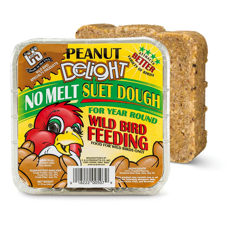 Peanut Delight Suet Cakes: No-melt suet dough block for wild bird feeding, packed with peanuts, corn, oats, and soy oil. Perfect for attracting woodpeckers and chickadees.