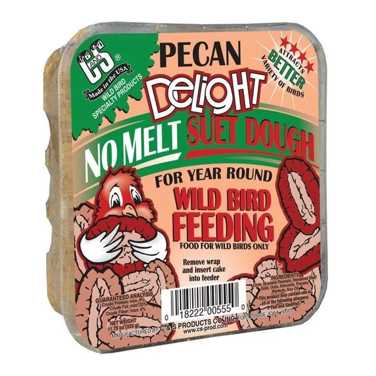 Pecan Delight Suet Cakes in a labeled plastic container, featuring nutrient-rich pecans and nuts, ideal for feeding birds year-round without melting.