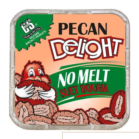Pecan Delight Suet Cakes: Clear plastic block of no-melt suet dough with pecans, designed for feeding woodpeckers, chickadees, and more. Made by C&S.