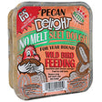 Plastic container holding Pecan Delight Suet Cakes, a nutritious bird treat with pecans, peanuts, and suet, specially formulated to resist melting in hot temperatures.