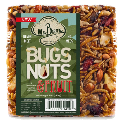 Bugs, Nuts, & Fruit Block Small, Set of 3 – close-up of boxed snack cakes for birds, featuring nuts and seeds label, barcode, and product details.