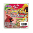 Songbird Fruits & Nut, 8 Seed Cakes package with a barcode, detailed label, and an image of a bird, highlighting gourmet seed mix ingredients for birds.