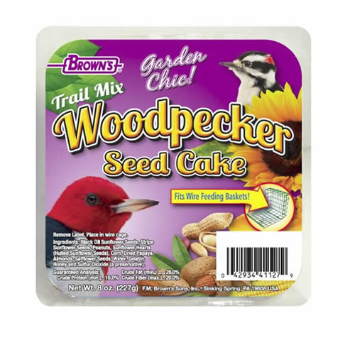 Woodpecker Trail Mix, 8 Seed Cakes: A package of gourmet seed cake featuring a bird illustration, designed for easy, no-mess feeding in suet cake feeders.