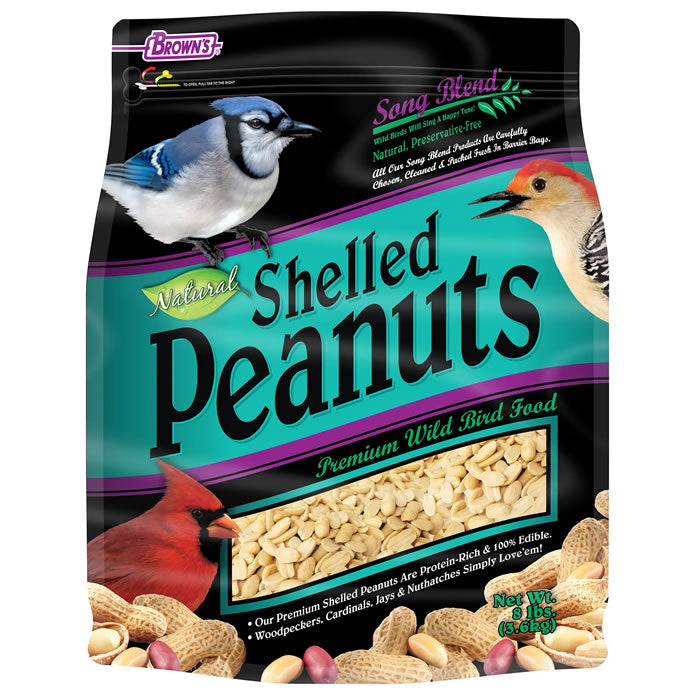 Brown's Shelled Peanuts Wild Bird Seed, 8-lb bag, shown with various birds, ideal for attracting woodpeckers, nuthatches, and jays, packed fresh weekly.