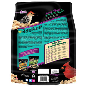 Brown's Shelled Peanuts Wild Bird Seed, 8-lb bag. A close-up shows the bag of shelled peanuts, ideal for attracting woodpeckers, nuthatches, and jays.