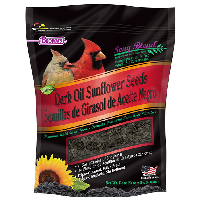 Brown's Dark Oil Sunflower Seed, 2-lb bag, featuring all-natural sunflower seeds, ideal for attracting a variety of birds to your feeder.