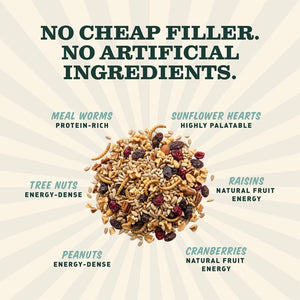 No cheap filler. No artificial ingredients. Bird food blend with protein-rich mealworms, sunflower hearts, energy-dense tree nuts and peanuts, and raisins and cranberries for natural fruit energy.