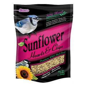 Brown's Sunflower Hearts & Chips Wild Bird Seed, 5-lb bag, featuring hulled sunflower heart chips, ideal for birds with no shells to crack open.