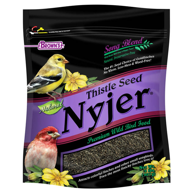 Brown's Nyjer® Wild Bird Seed, 2-lb bag, displayed with close-up images of birds, highlighting the seed's appeal to finches and small birds.