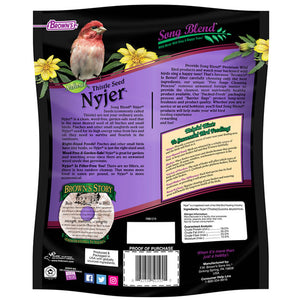 Brown's Nyjer® Wild Bird Seed, 2-lb bag, featuring text and bird images, ideal for finches, redpolls, and siskins, rich in nutrients, clean, and weed-free.