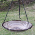 Hanging Circles Bird Bath in Sandy Granite, featuring a stoneware basin with concentric circles, suspended by a 34-inch chain.