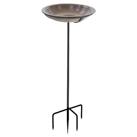 Circles Bird Bath Post, Sandy Granite, features a stoneware basin with concentric circles on a durable black pole, ideal for garden bird attraction.