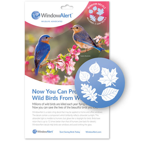 Leaf Medley WindowAlert Decals featuring a blue bird on a branch with flowers and leaves, designed to prevent bird-window collisions. Set of 5 static-cling decals.