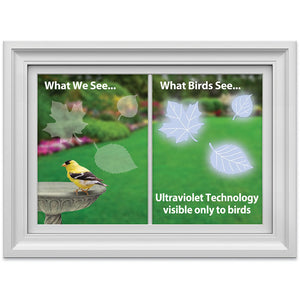 Leaf Medley WindowAlert Decals in a white frame, featuring a bird on a bird bath. Helps prevent bird-window collisions with UV-reflective coating.