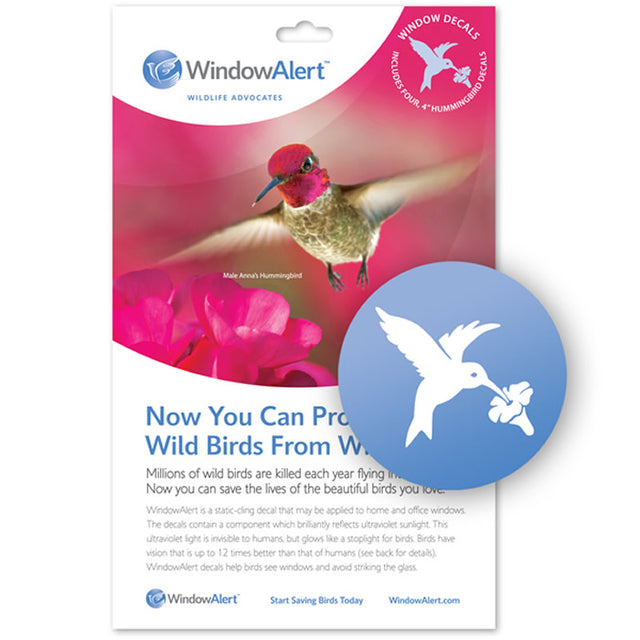 Close-up of Hummingbird WindowAlert Decals package, showing bird graphic. Prevents bird-window collisions with UV-reflective coating. Set of four, translucent, static cling design.