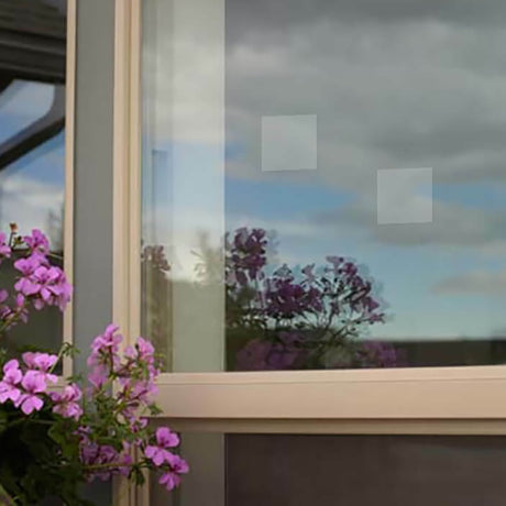 Square WindowAlert Decals set of 4, shown on a window with purple flowers, designed to prevent bird strikes by reflecting ultraviolet light.