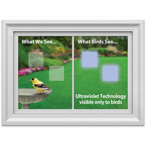 Square WindowAlert Decals, set of 4, featuring a translucent bird design on a bird bath, help prevent window collisions by reflecting ultraviolet sunlight visible to birds.