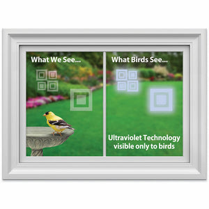 Modern WindowAlert Decals in a white frame, featuring a bird perched on a bird bath, designed to prevent bird-window collisions with UV reflective coating.