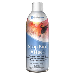 Can of Stop Bird Attack Window Spray, a 9 oz. aerosol, designed to eliminate birds' window reflections and prevent territorial attacks.