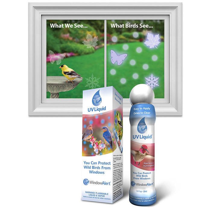 UV Liquid, 1.5 oz. bottle, placed next to a window, designed to prevent bird strikes by filling gaps between window decals.