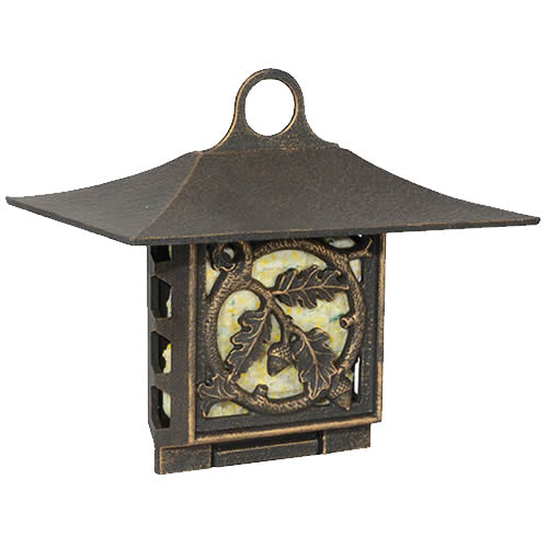 Oak Leaf Suet Feeder with a durable metal cage, intricate oak leaf design, and an oil-rubbed copper roof, holds one suet cake.