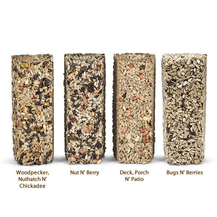 Wild Delight Premium Seed Blocks featuring various seeds and insects, designed to attract diverse birds. Includes sunflower kernels, peanuts, safflower seeds, and dried mealworms.