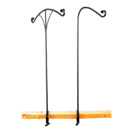 Achla Handrail Poles: Two tall, sturdy wrought iron poles, each with a double hanger, designed to clamp onto railings up to 2 inches thick.