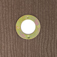 Circular metal Portal Protector on wood surface, designed to prevent squirrels from enlarging birdhouse entry holes. Made from zinc-coated steel with brass hardware.