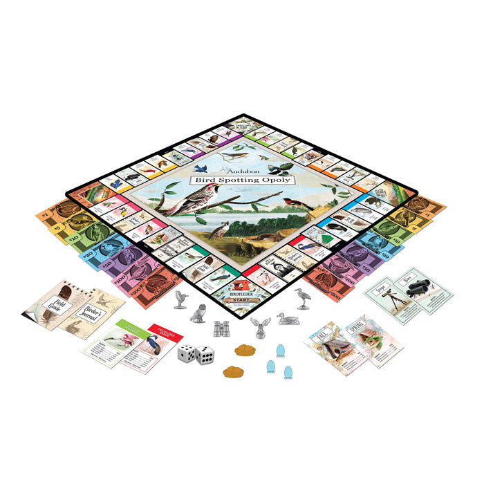 Audubon Bird Spotting Opoly Board Game featuring a nature-themed board, cards, dice, and pewter pieces showcasing iconic North American birds for 2-6 players.