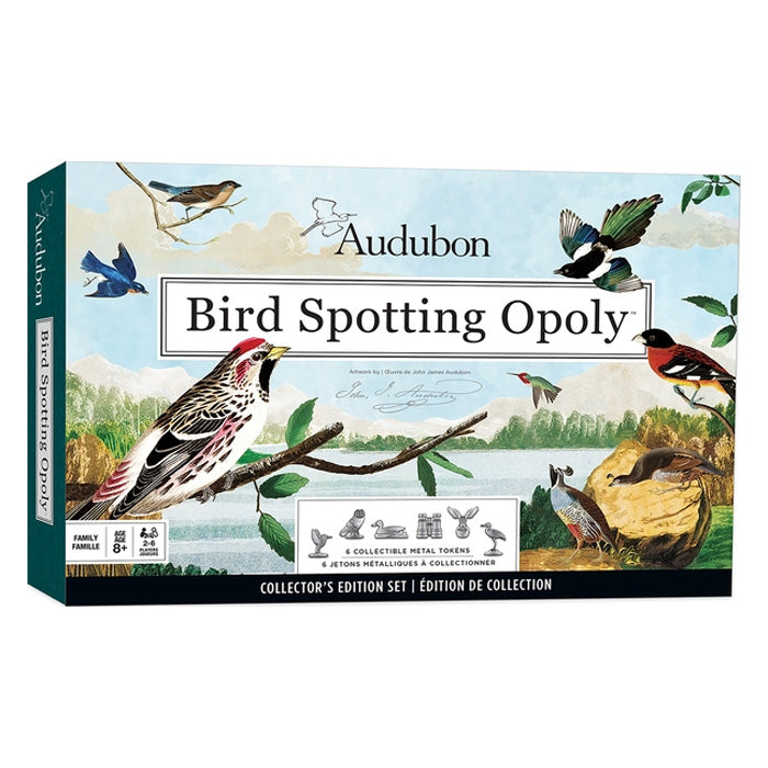 Audubon Bird Spotting Opoly Board Game box featuring illustrated birds on branches, includes pewter pieces, property cards, dice, and game instructions for bird-watching enthusiasts.