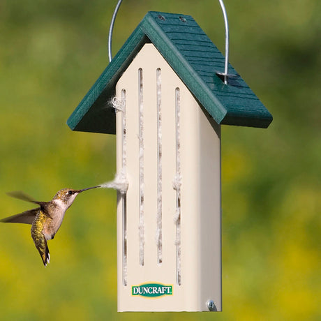 Duncraft Eco-Nester with a hummingbird feeding at the container, showcasing slotted openings for nesting material and a secure roof design.