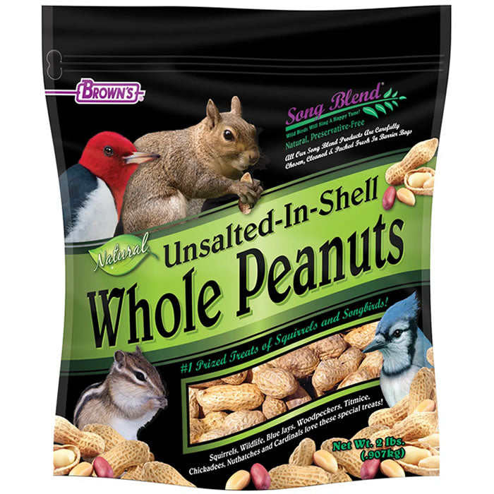 Brown's Unsalted In-Shell Whole Peanuts, 10 lbs., featuring a bag with a squirrel and birds, ideal for bird feeders and squirrel diversion.