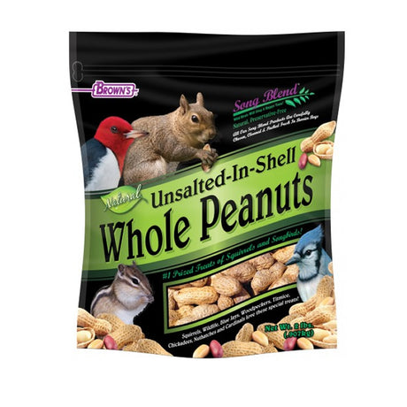 Brown's Natural Unsalted Whole Peanuts Wild Bird Food, 2-lb bag, featuring a picture of birds and a squirrel on the packaging. Ideal for attracting various backyard wildlife.