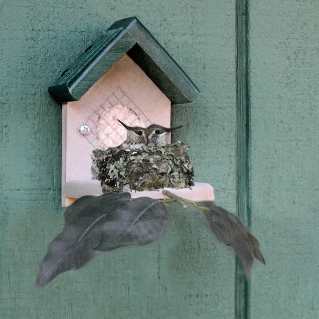 Duncraft Original Hummingbird Nester with a bird in a nest, featuring two metal posts and a landing branch with leaves.