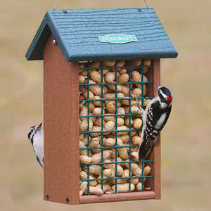 Duncraft Eco-Strong Double Delight Feeder with a woodpecker eating peanuts from the mesh sides. Features durable, recycled materials and easy top filling.