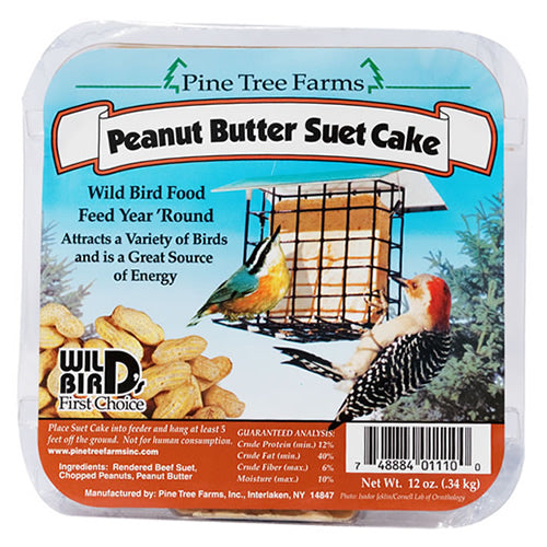 Peanut Butter Suet, 12 Cakes package featuring a red-headed bird. Ideal for high-energy needs of parent birds, nestlings, and migrating birds.