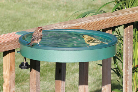 Bird bath with two birds perched on the edge, featuring a 14 basin, clamp or screw mount, and easy-clean removable dish.