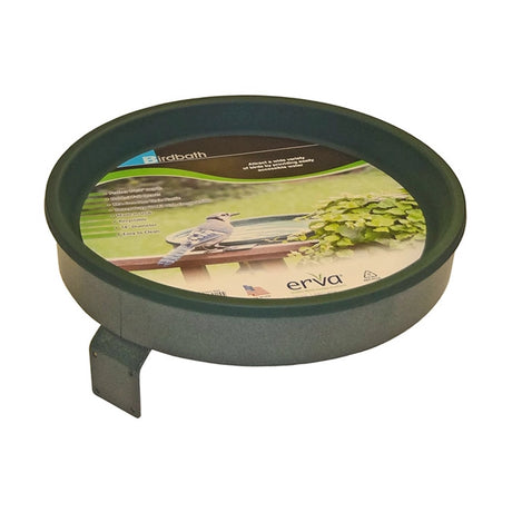 14 Deck Bird Bath with clamp or screw mount, features a round metal tray with bird design, ideal for attracting birds to bathe and preen.