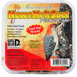 Never Melt Peanut Suet Cakes, 12-pack, shown in packaging; ideal for birds, made with peanuts, corn, vitamins, and minerals, withstands high temperatures.