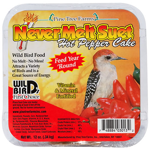 Never Melt Hot Pepper Suet, 12 Cakes: Package with a bird on hand, contains 12 oz. suet cakes for birds, made with peanuts, corn, chili pepper, vitamins.