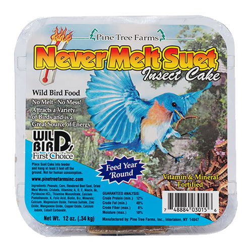 Package of Pine Tree Farms Never Melt Insect Suet, 12 Cakes, featuring a blue bird image, bar code, and product details.